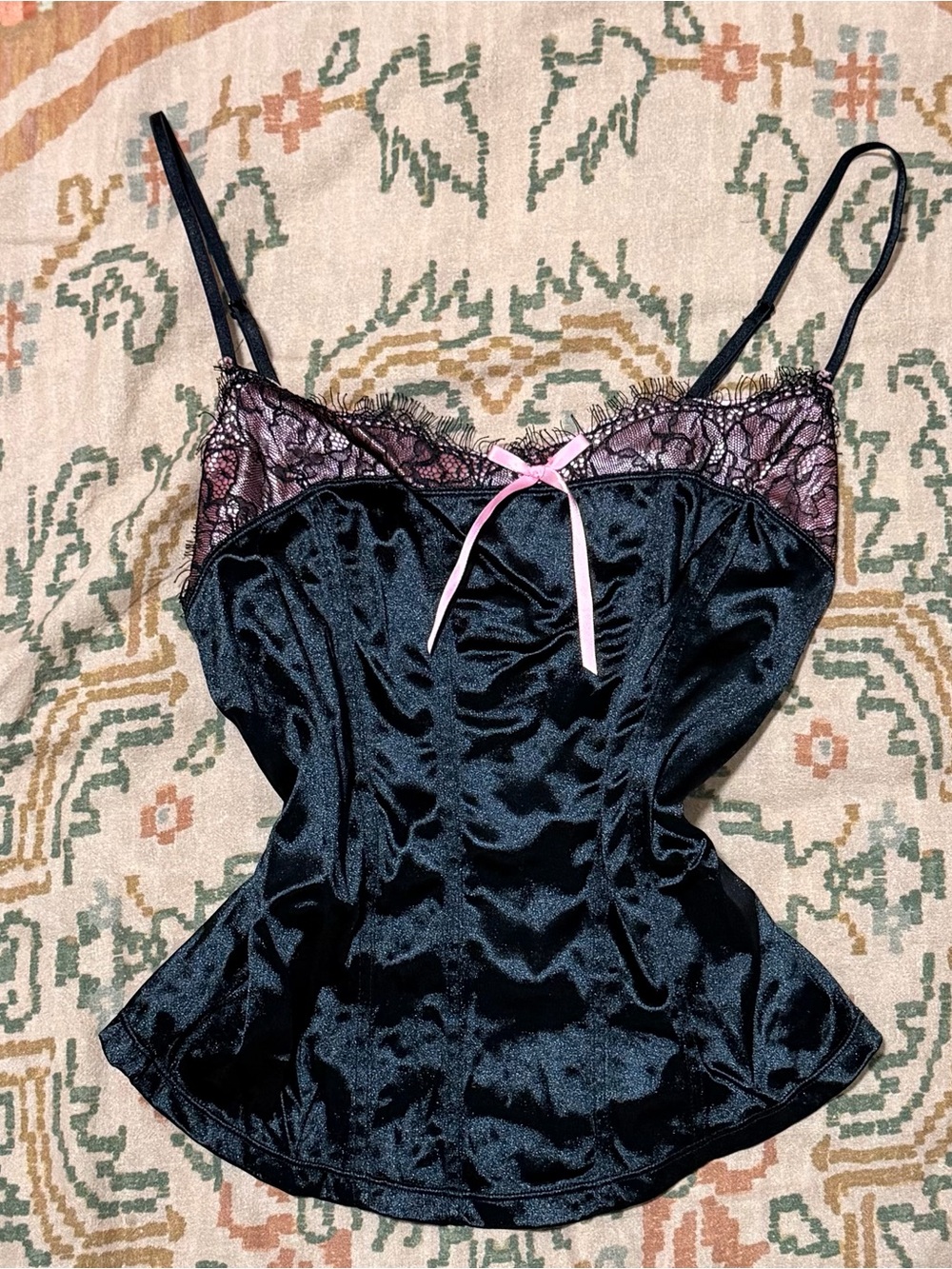 Xhilaration Black Satin Lace Cami Tank with Pink Bow - Picture 1 of 4